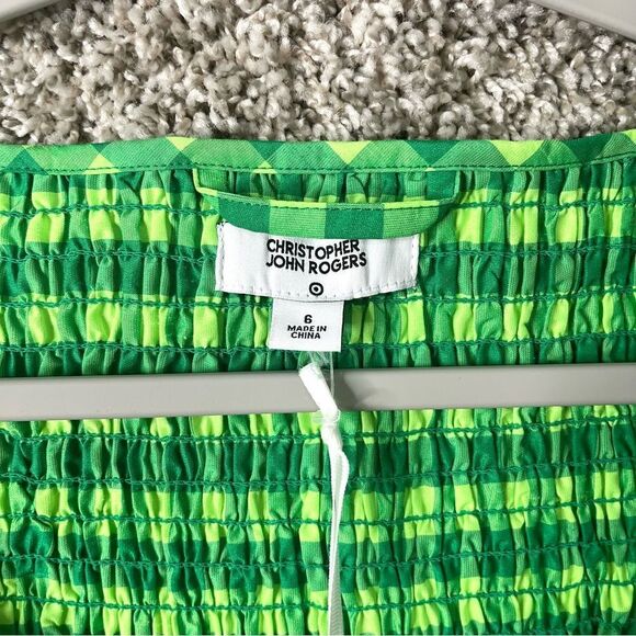Christopher John Rogers Dress Women’s 6 Green Plaid Smocked Fit & Flare NWT - Picture 4 of 8